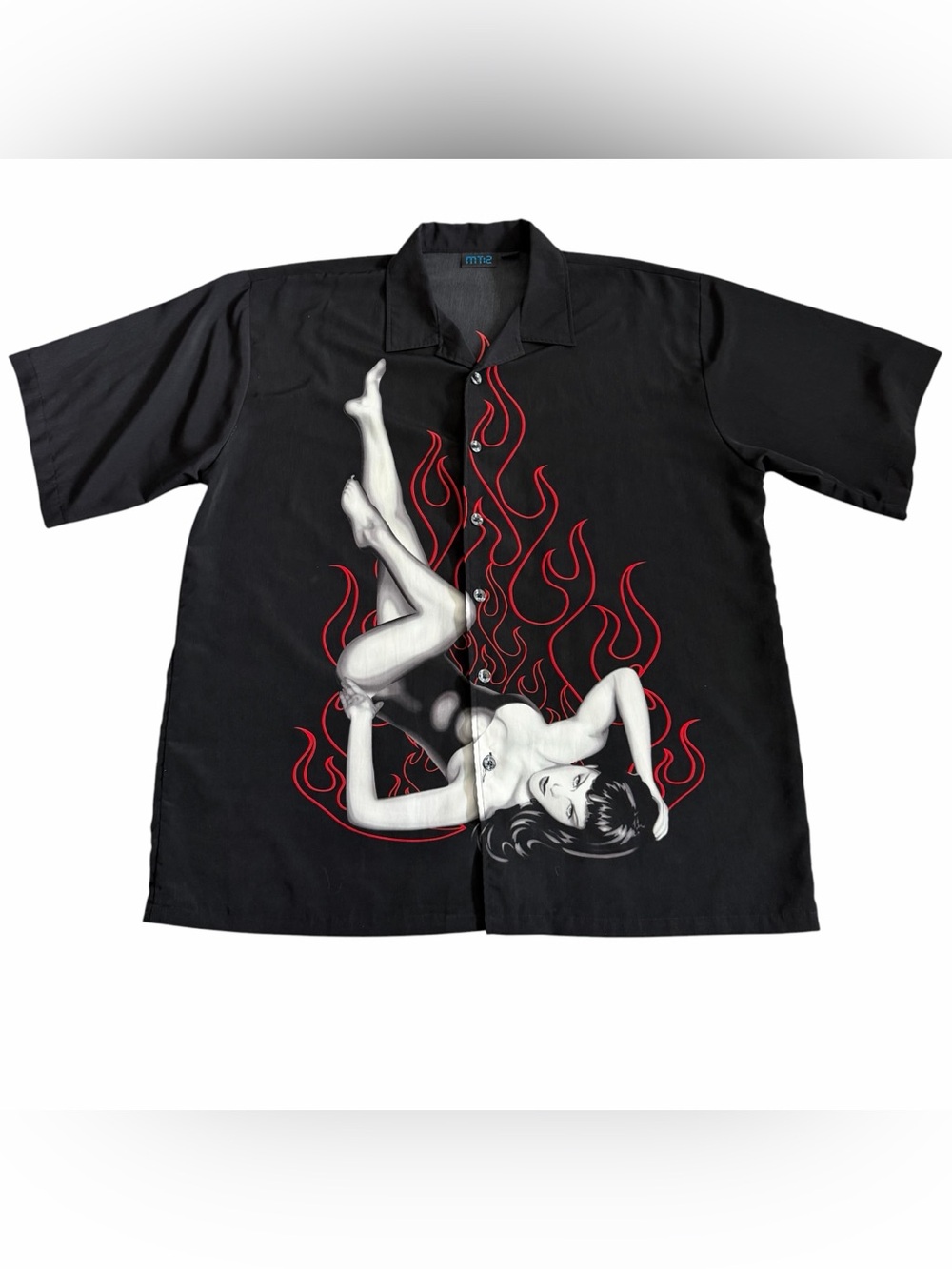 VTG MT:2 Men’s Lounge Shirt Sz 3XL Black Flames Pin Up Burlesque Girl Rockabilly